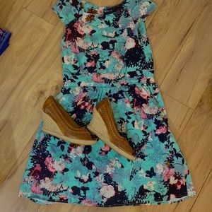 Teal pink floral fit and flare dress